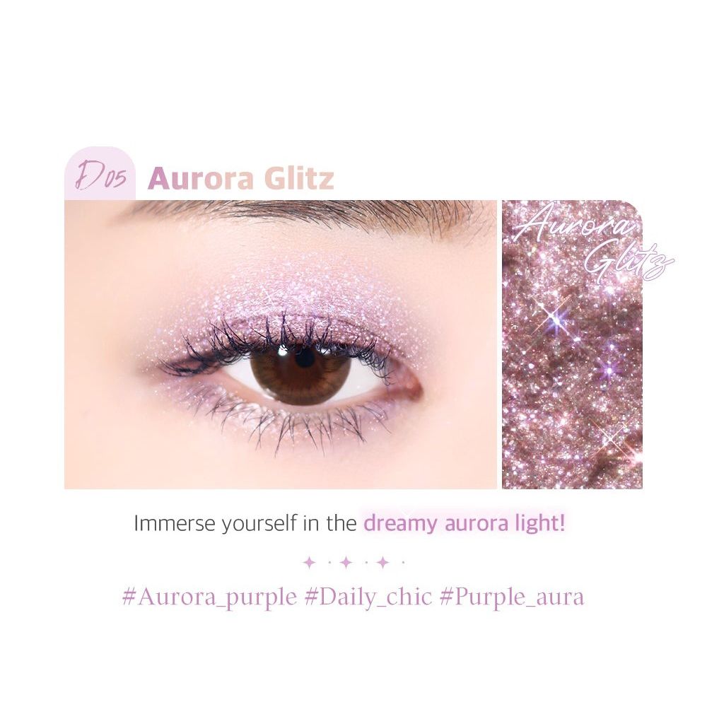 Œil avec fard à paupières Aurora Glitz. Texte: Aurora Glitz, #Aurora_purple, #Daily_chic, #Purple_aura.