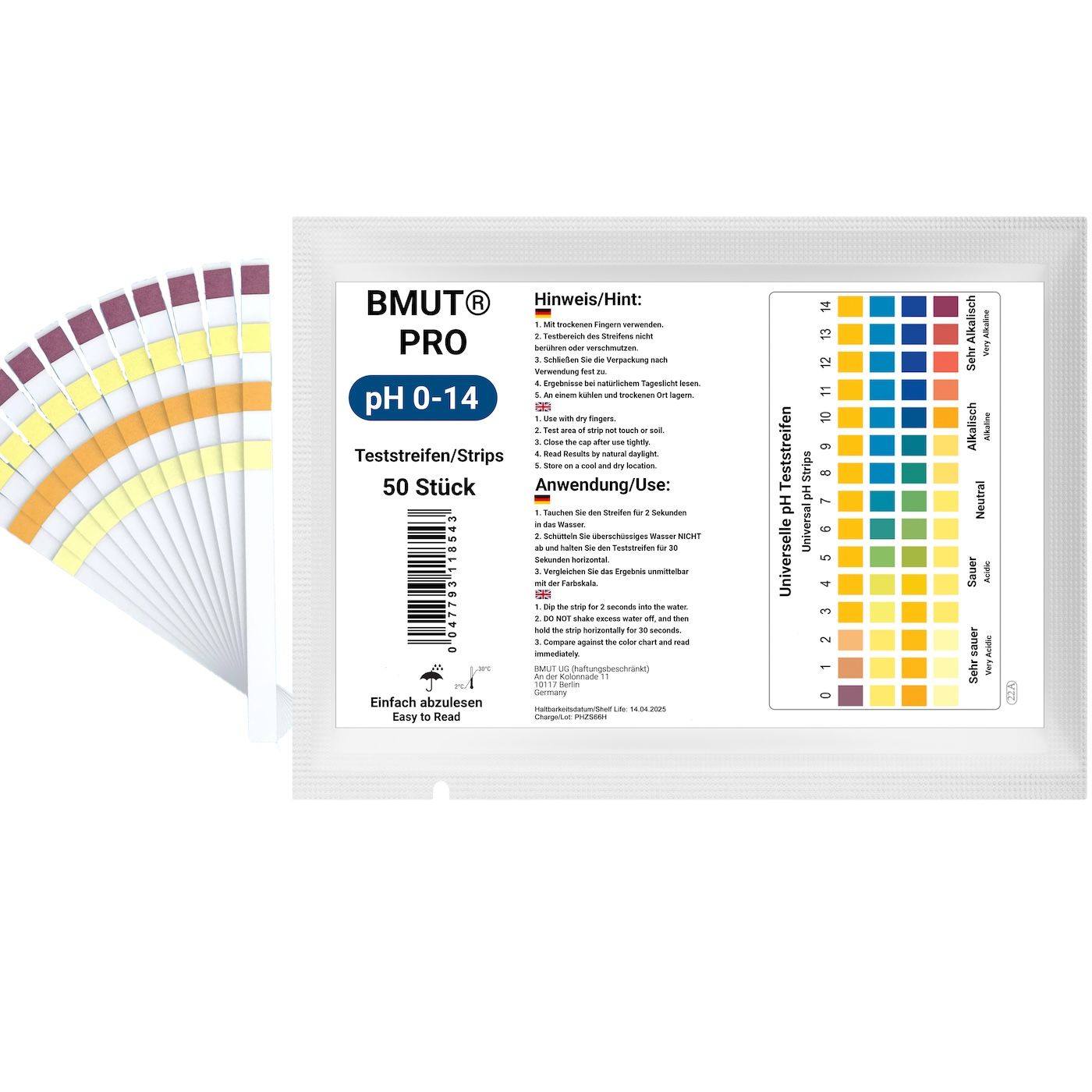 Verpakking teststrips met pH-schaal. Bevat 50 strips. Opdruk: BMUT PRO pH 0-14. Kleurenschaal voor pH-bepaling.