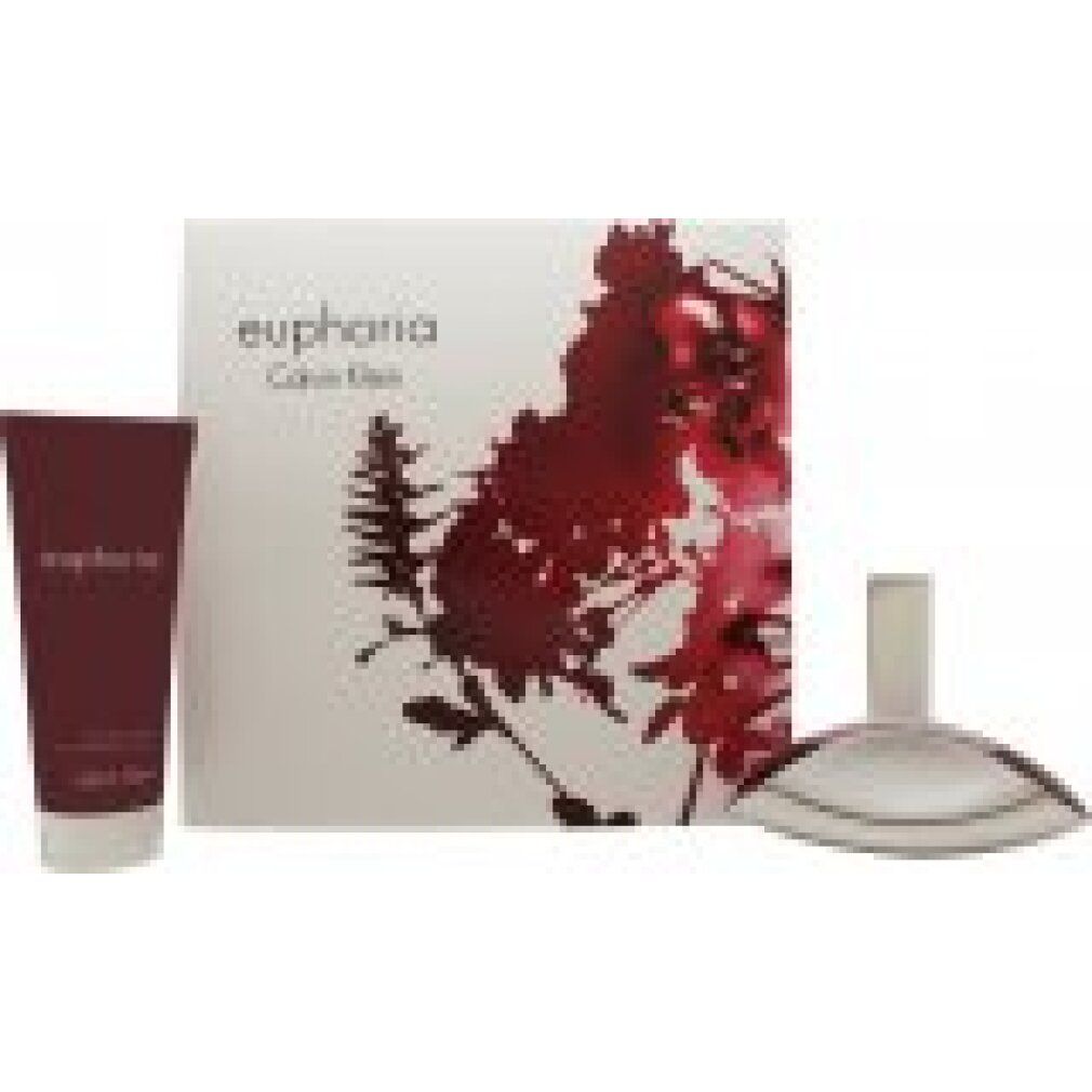 Geschenkset met flacon, bodylotion en verpakking. Zilverkleurige flacon, roodbruine bodylotion. Verpakking met bloemmotief en tekst.