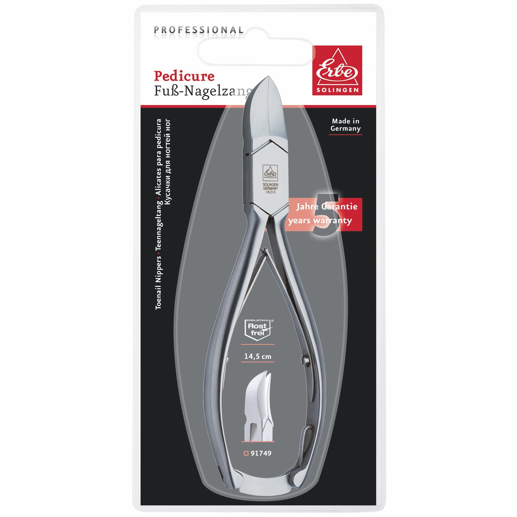 Coupe-ongles en blister. Métal argenté, 14,5 cm. Marque ERBE Solingen. Garantie 5 ans. "Frost Free". Fabriqué en Allemagne.