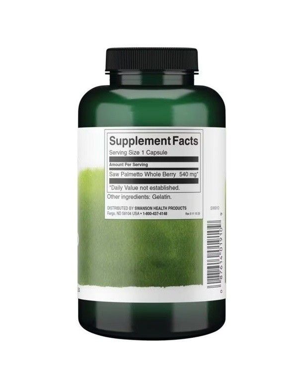 Dos du flacon vert. Inscription: Supplement Facts, Saw Palmetto Whole Berry 540 mg, gélatine.
