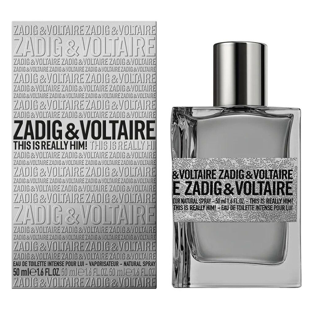 Rechthoekige fles met zilveren dop. Opschrift: Zadig & Voltaire. 50 ml Eau de Toilette Intense voor heren.