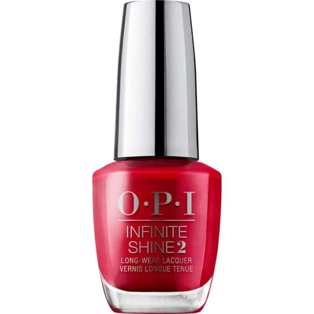 Flacon de vernis à ongles OPI. Couleur rouge. Bouchon argenté. Inscription: Infinite Shine 2.