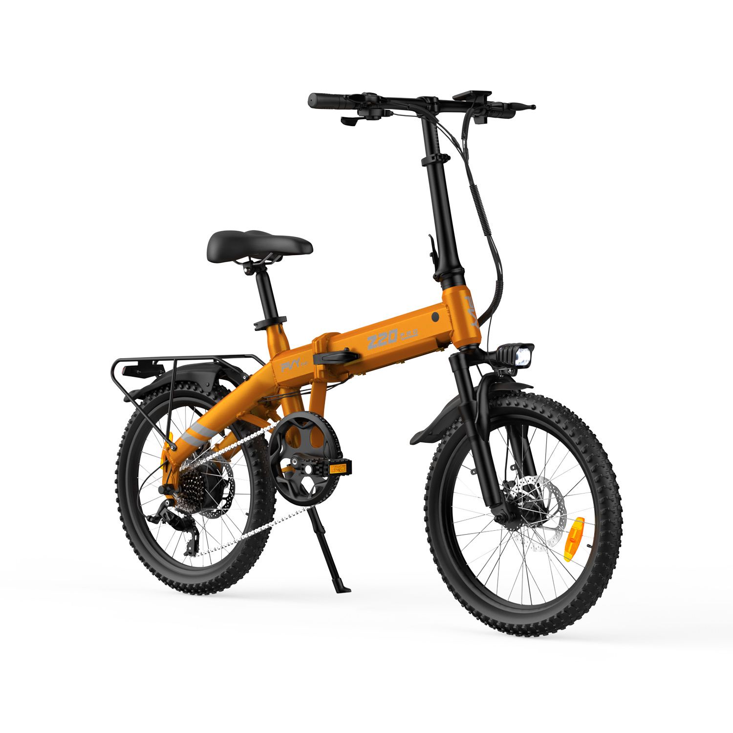 Vélo électrique pliable orange avec cadre noir, porte-bagages et phare. Inscription Z20 PRO EVO.