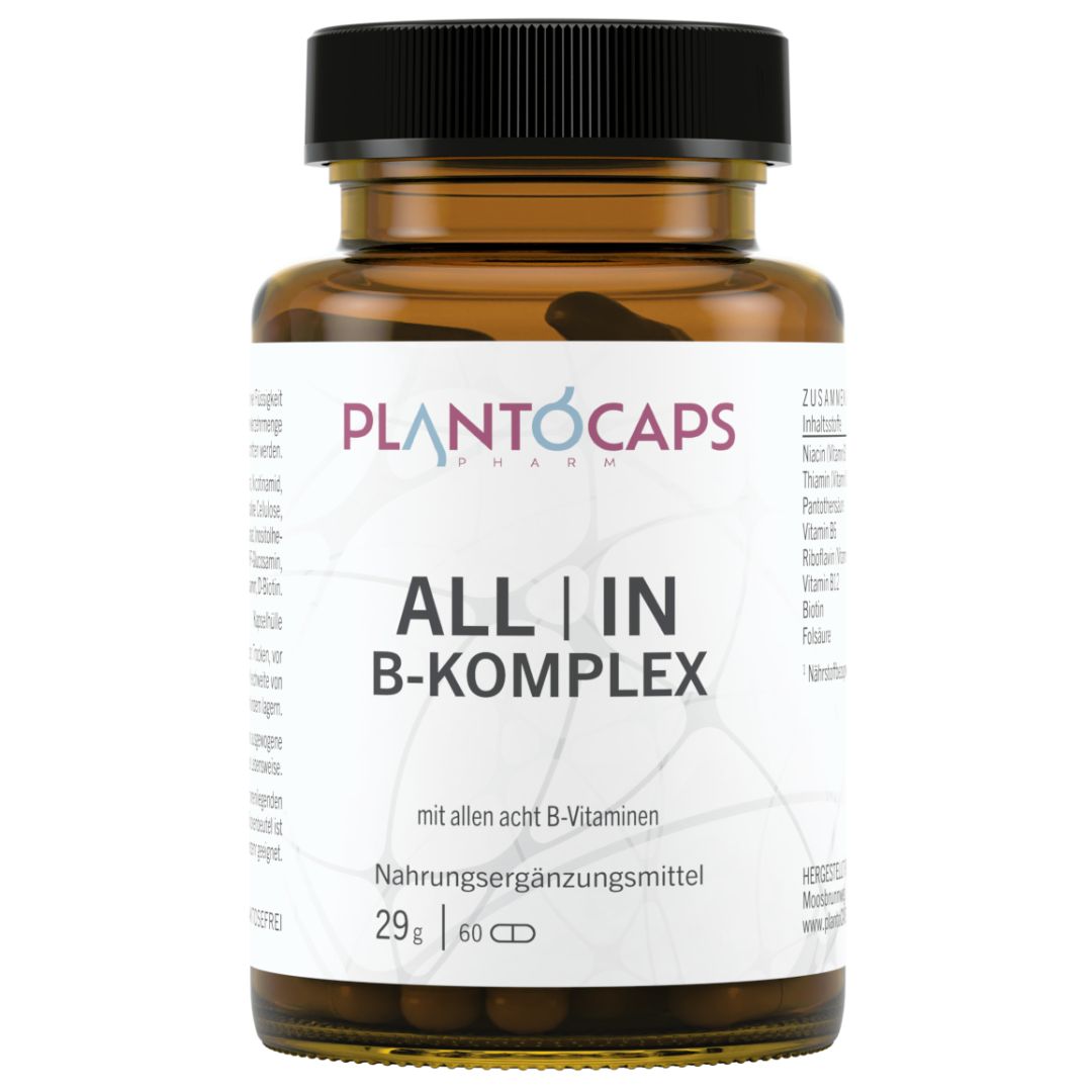 Bruine glazen fles met zwarte dop. Label "plantoCAPS ALL | IN B-KOMPLEX". 60 capsules.