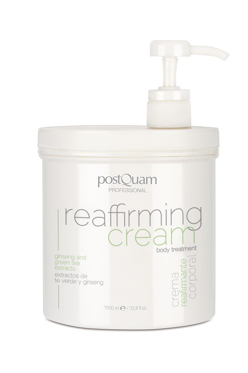 Witte pot met pomp. Opschrift: PostQuam, reaffirming cream, ginseng and green tea extracts. 1000 ml.