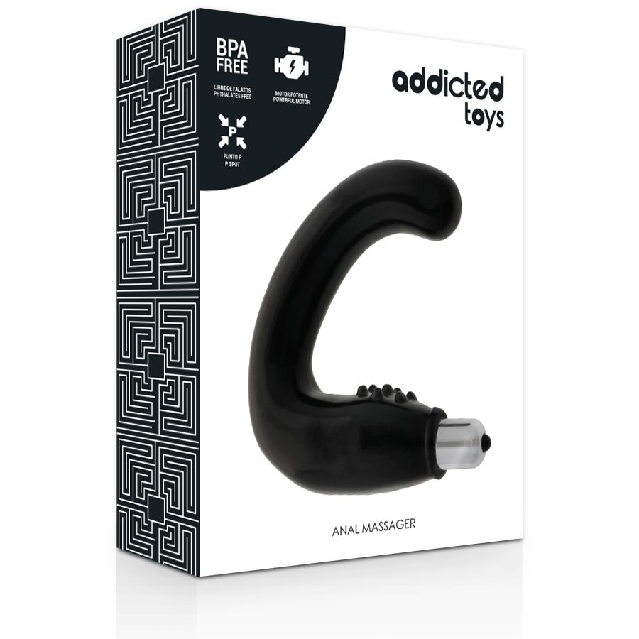 Vibrateur anal noir incurvé avec rainures. Présenté sur l'emballage du produit.