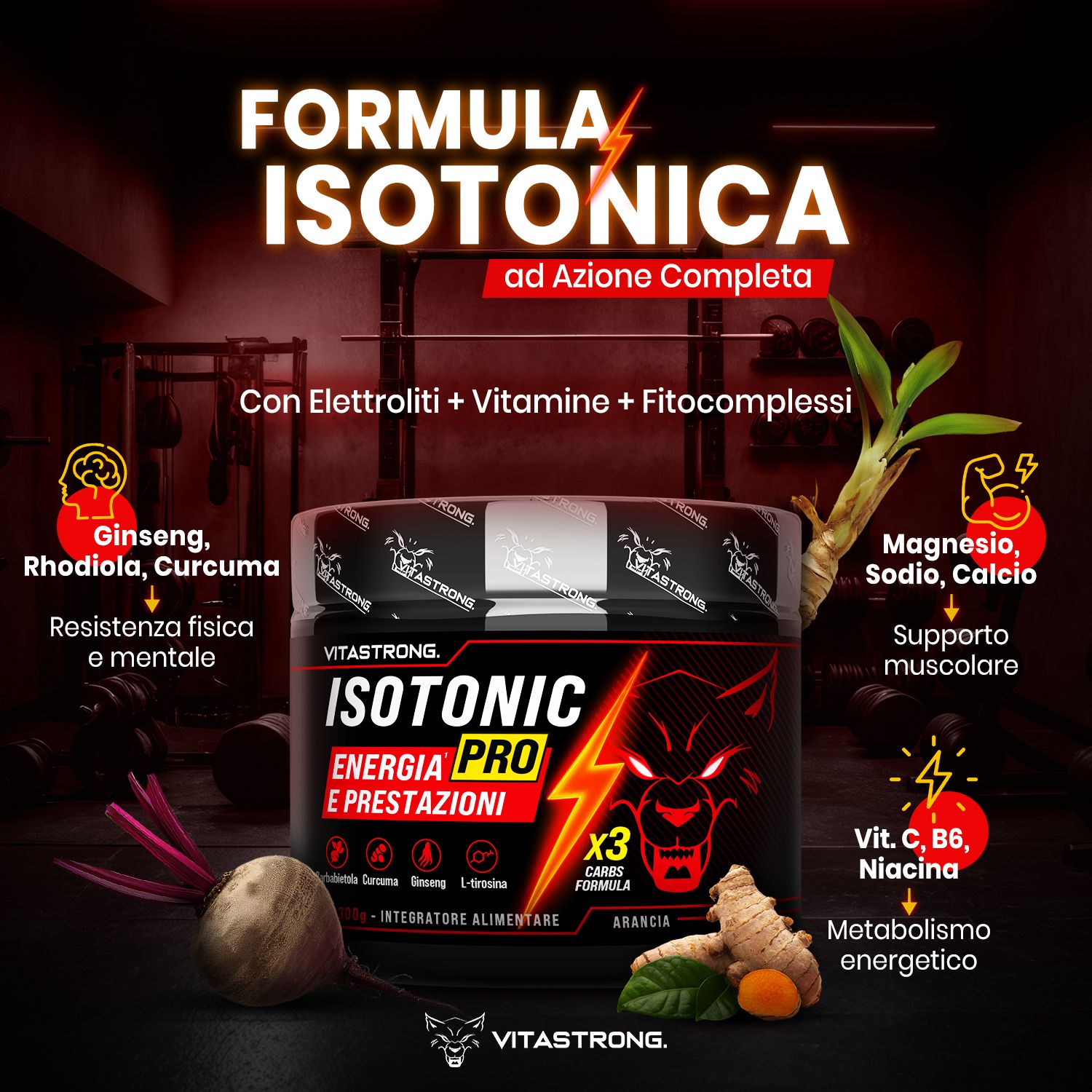 Pot Vitastrong Isotonic PRO. Tekst: Isotone formule, met elektrolyten, vitaminen, fytocomplexen. Ginseng, magnesium, vitaminen.