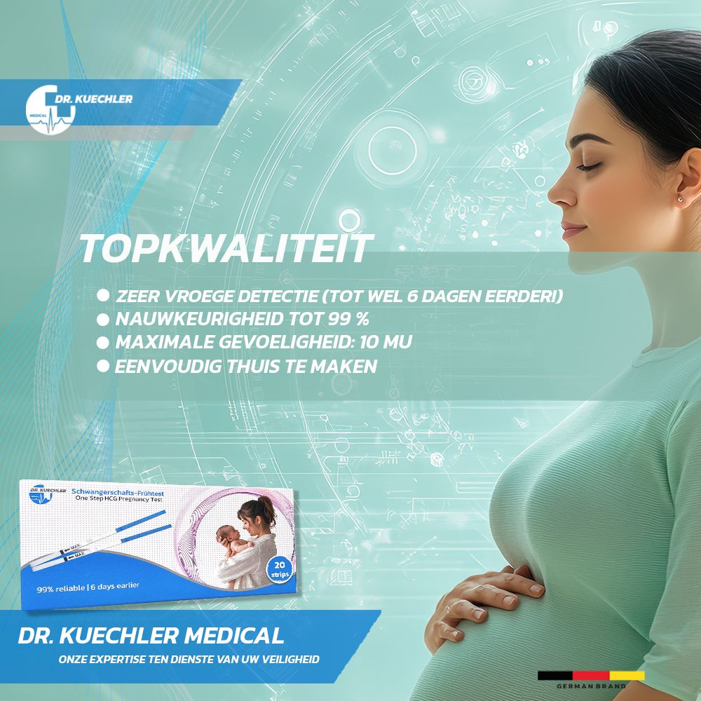 Zwangere vrouw in profiel. Verpakking zwangerschapstests. "Topkwaliteit", "Zeer vroege detectie".