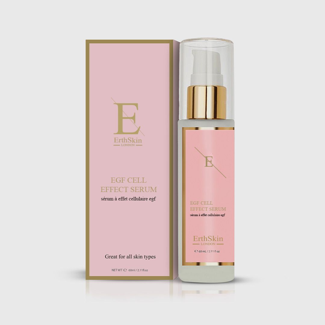 Sérum ErthSkin London EGF et sa boîte, convient à tous les types de peau.