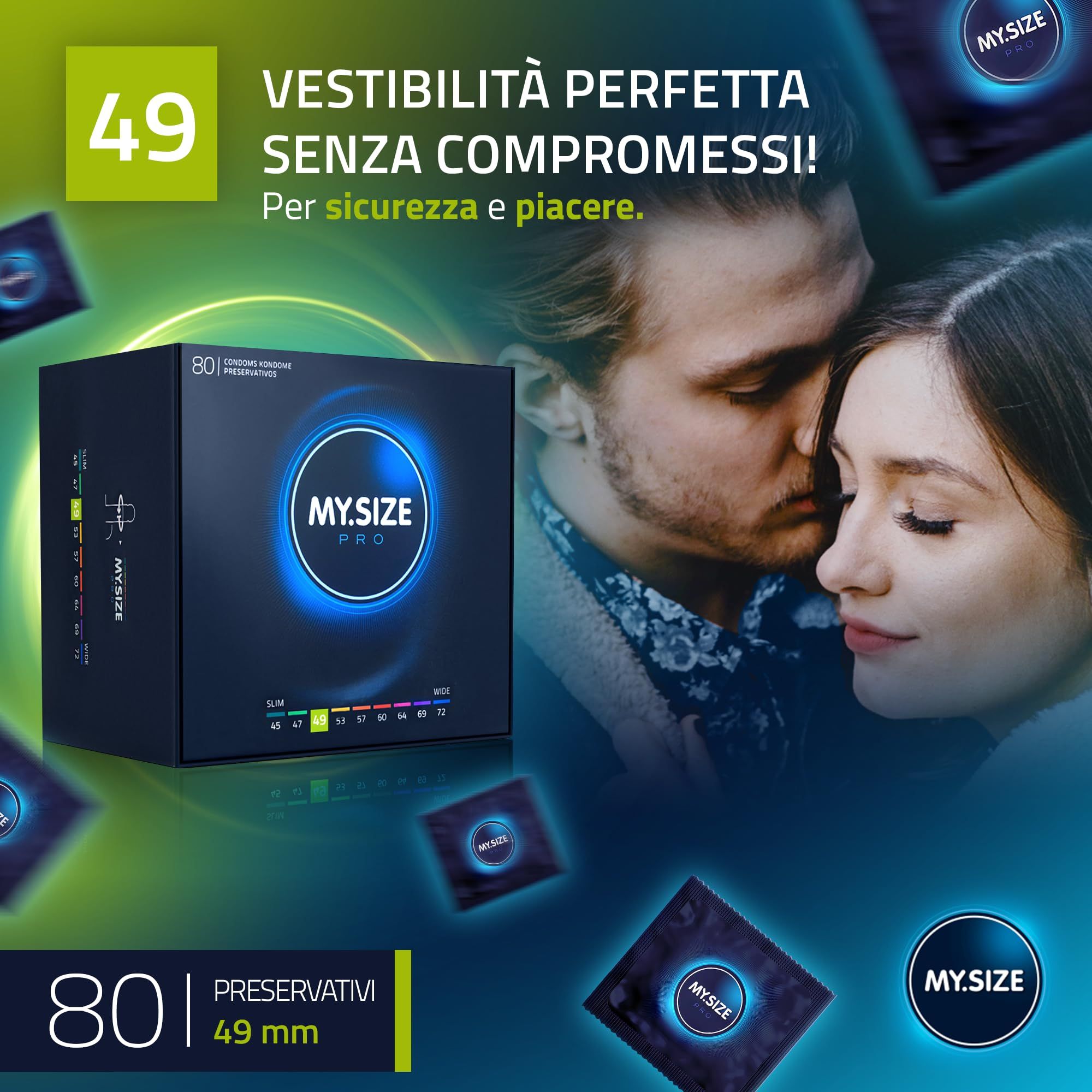 Préservatifs My.Size PRO 80 unités, 49mm. Boîte et emballages individuels.