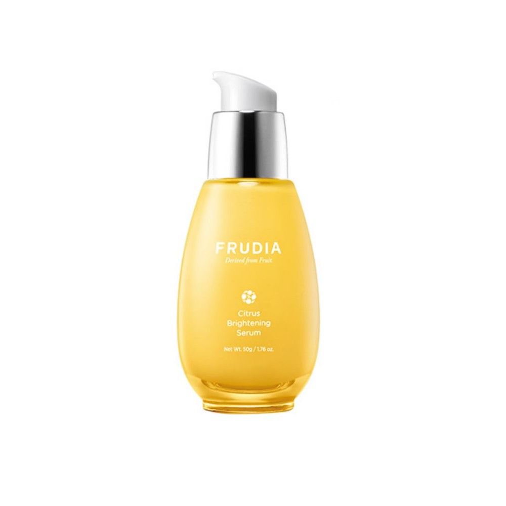 Gele glazen fles met pompdos, FRUDIA Citrus Brightening Serum.