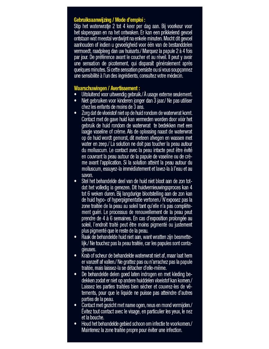 Achterkant van de productverpakking. Tekst in het Nederlands en Frans. Bevat informatie over gebruik en waarschuwingen.