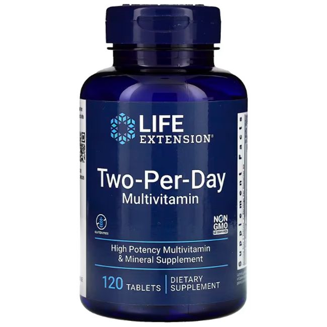 Blauwe fles. Opschrift: LIFE EXTENSION, Two-Per-Day Multivitamin. 120 tabletten. Glutenvrij, Non-GMO.