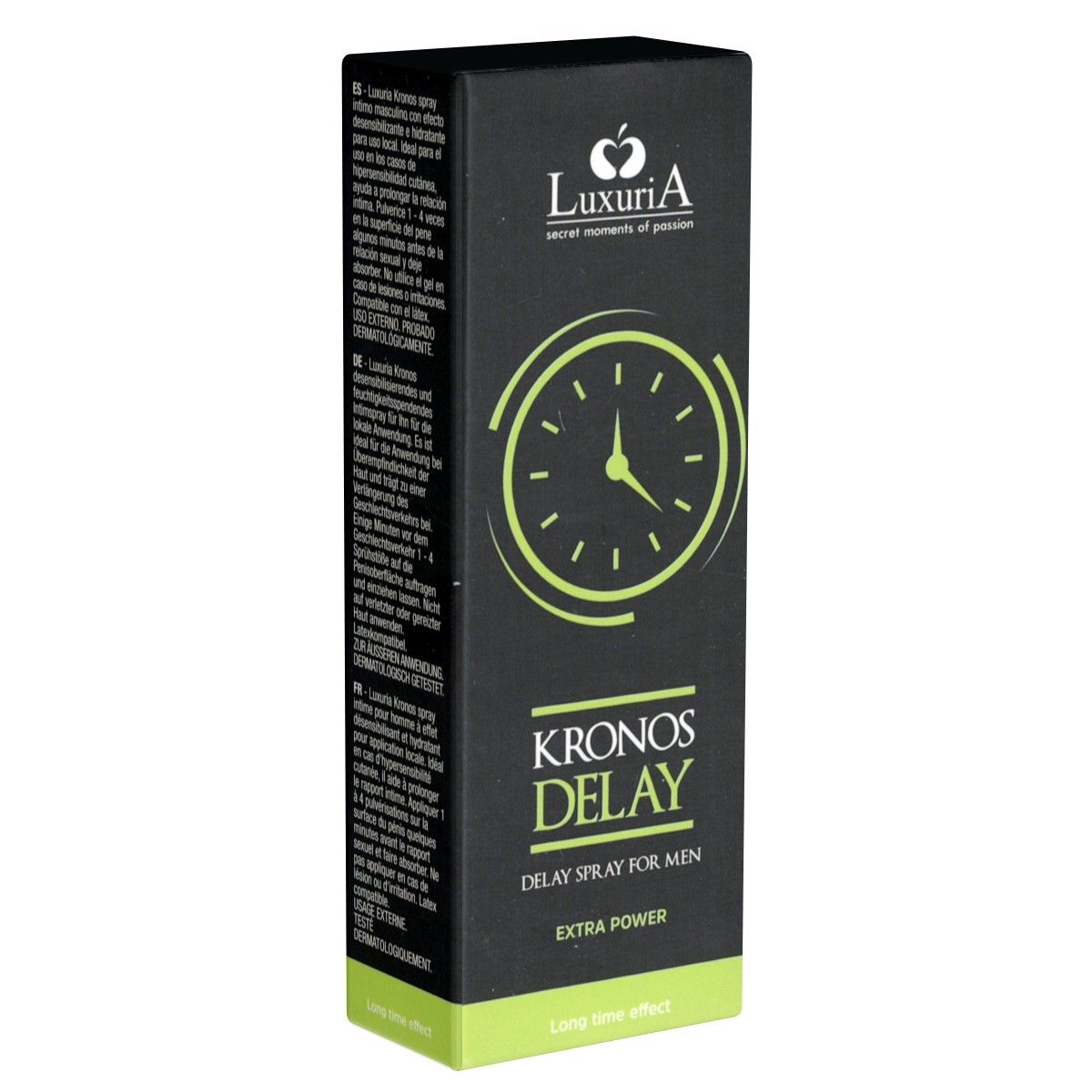 Boîte noire avec nom et logo du produit. "Kronos Delay" en gros caractères. Symbole d'horloge.