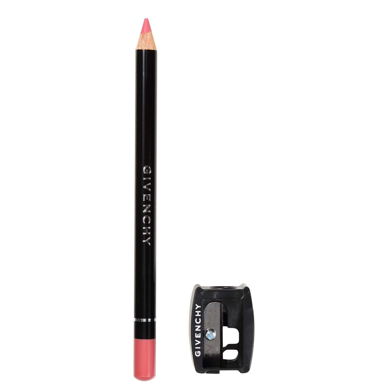 Crayon contour des lèvres noir avec pointe rose et taille-crayon. Le crayon porte l'inscription "GIVENCHY". Le taille-crayon est noir avec "GIVENCHY".