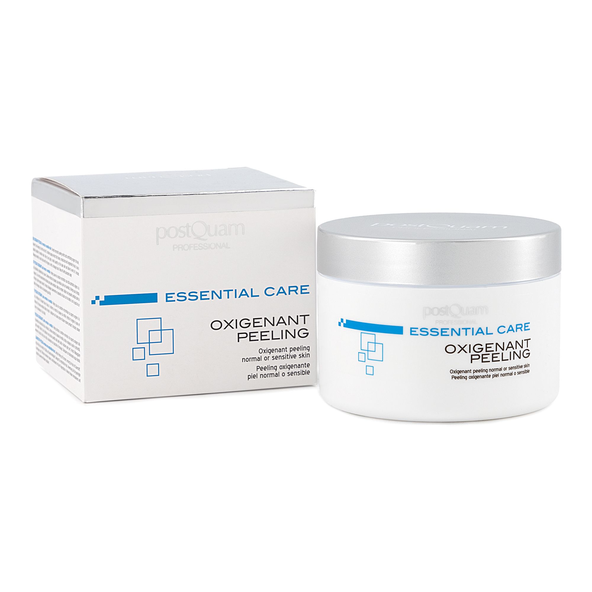 Witte pot en doos. Opschrift: Essential Care Oxigenant Peeling. Voor normale of gevoelige huid. Zilveren deksel.