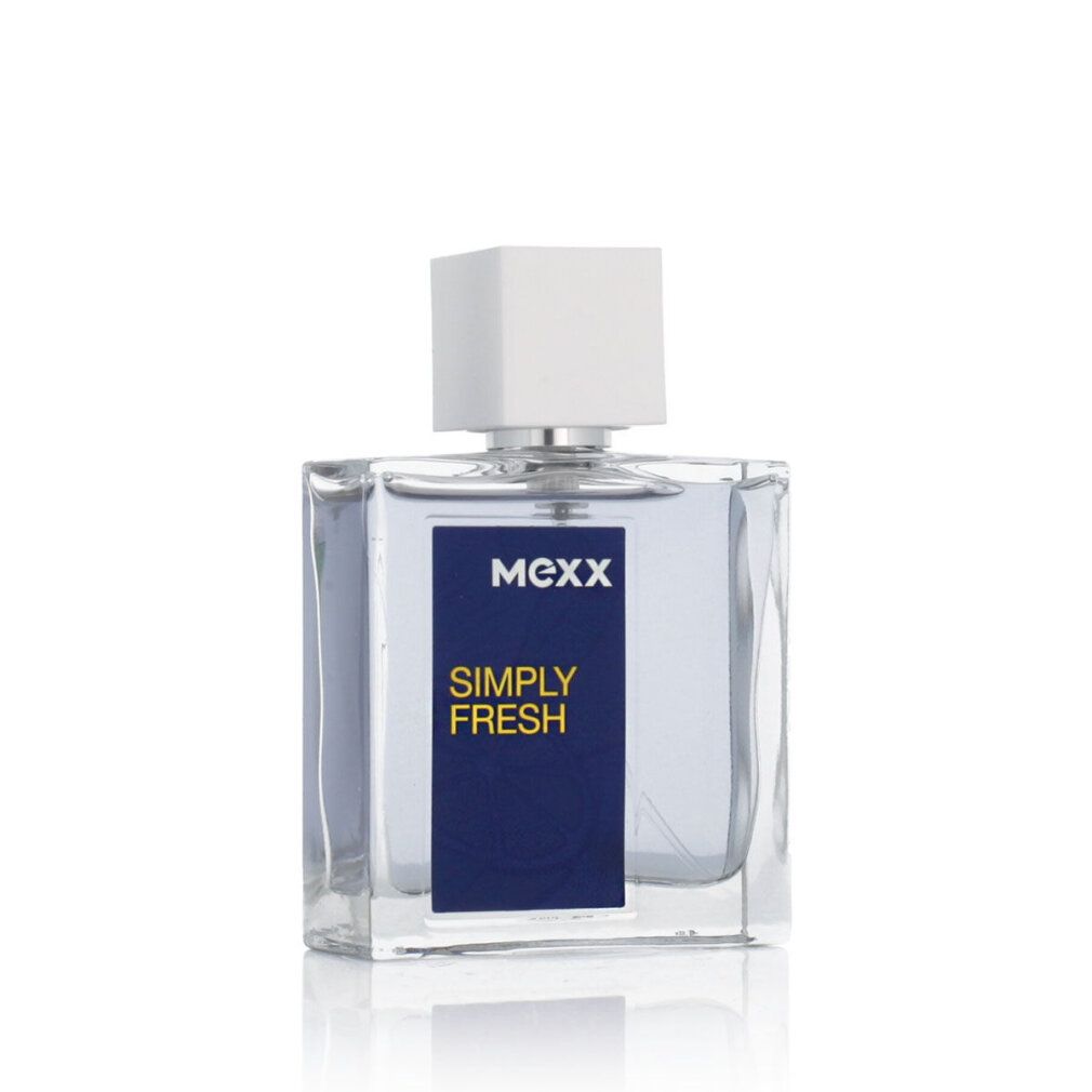 Mexx Simply Fresh Eau de Toilette Spray. Transparante fles met witte dop. Blauw etiket met productnaam. Vierkante vorm.