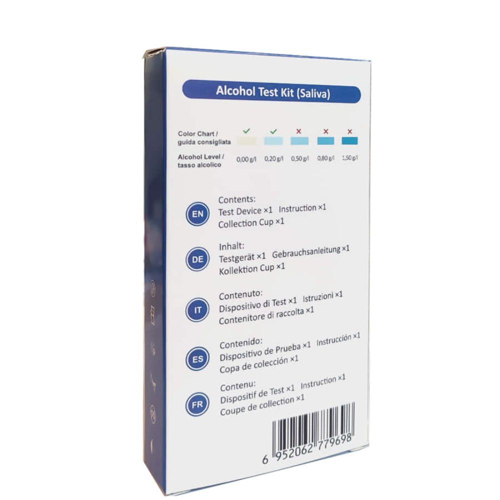 Achterkant van de verpakking van de We Test Alcoholtest Speekseltest-Kit. Bevat informatie in meerdere talen en een kleurentabel.