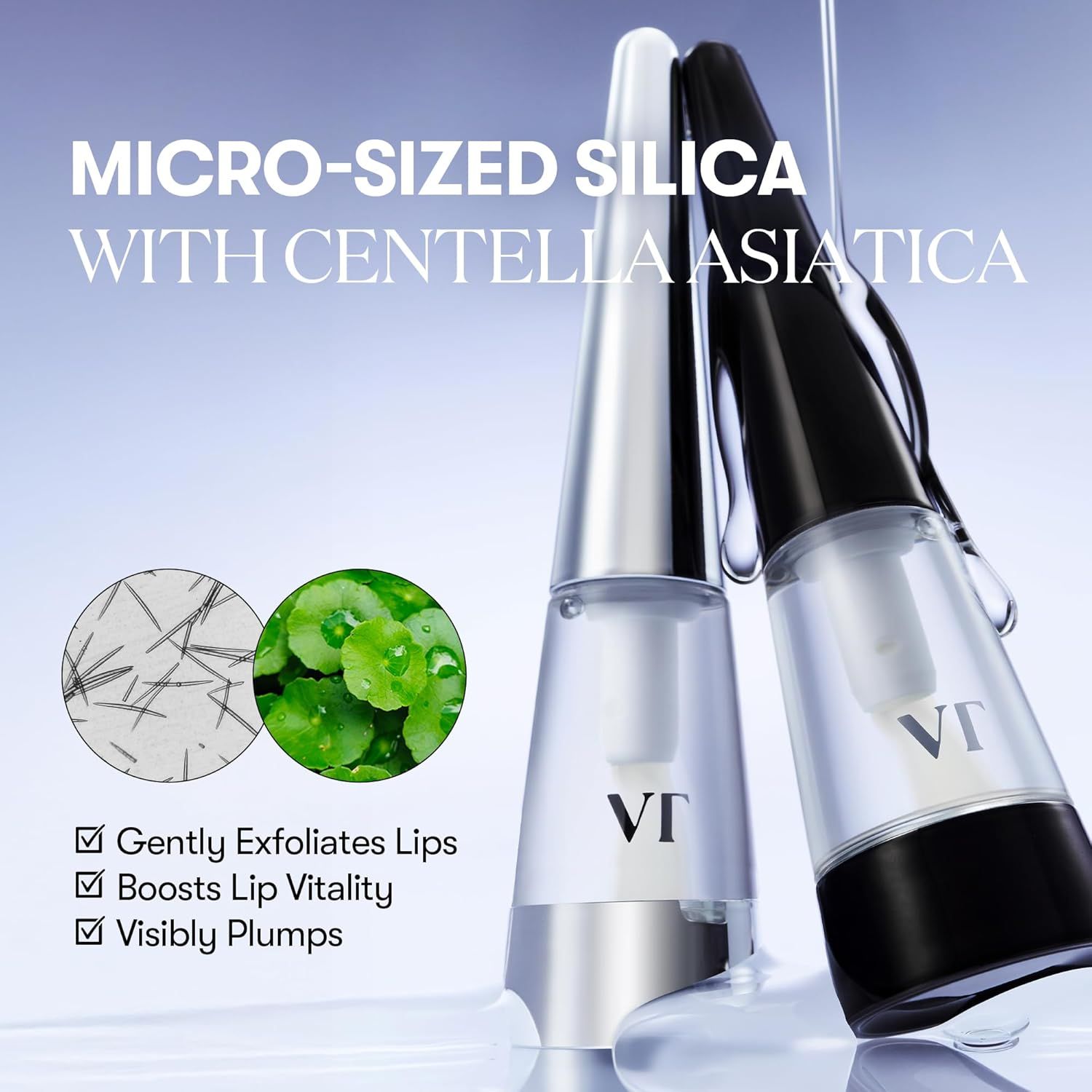 Twee lip-plumper flacons met applicators. Tekst: Micro-Sized Silica with Centella Asiatica. Eigenschappen.