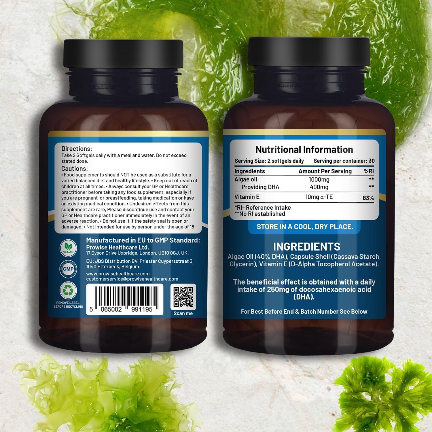 Deux flacons avec étiquettes. Dos avec informations nutritionnelles et ingrédients. Inscription : Vegan Omega 3 DHA. Décor de feuilles d'algues vertes.