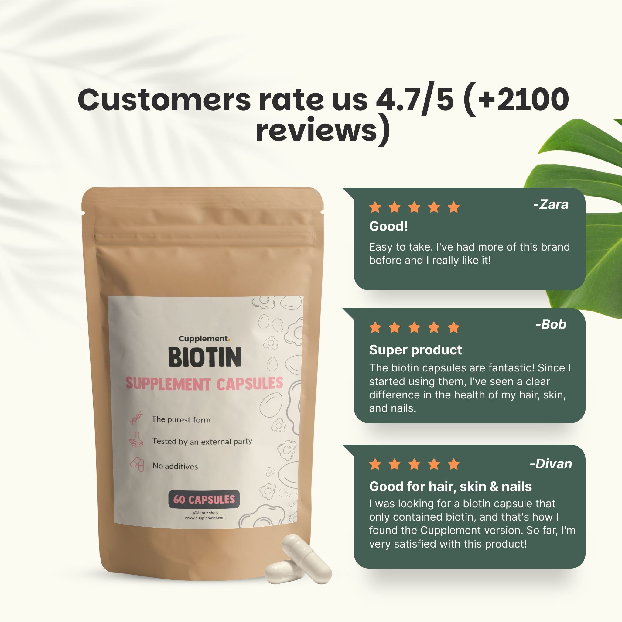 Sachet de gélules de biotine. Texte : Cupplement, Biotine, 60 gélules. Avis clients : 4.7/5. Citations de clients.