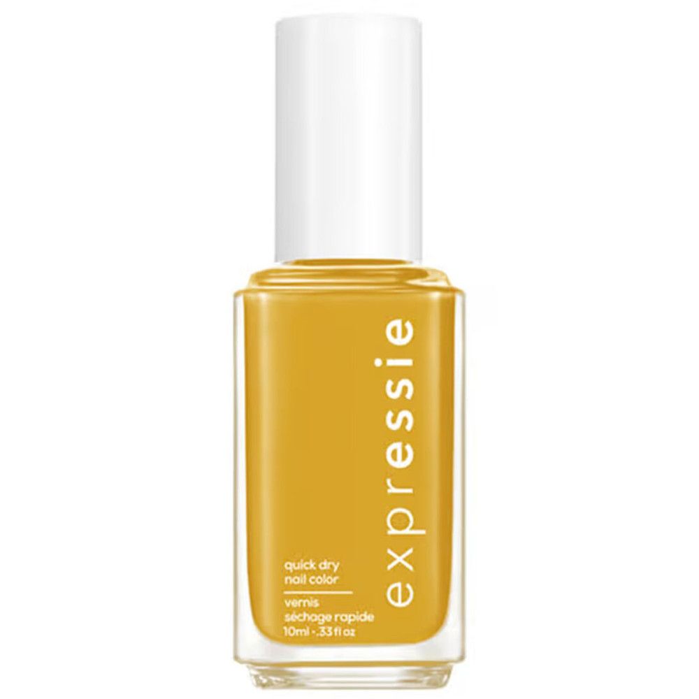 Flacon de vernis à ongles Essie Expressie, jaune. Bouchon blanc, flacon transparent, texte.