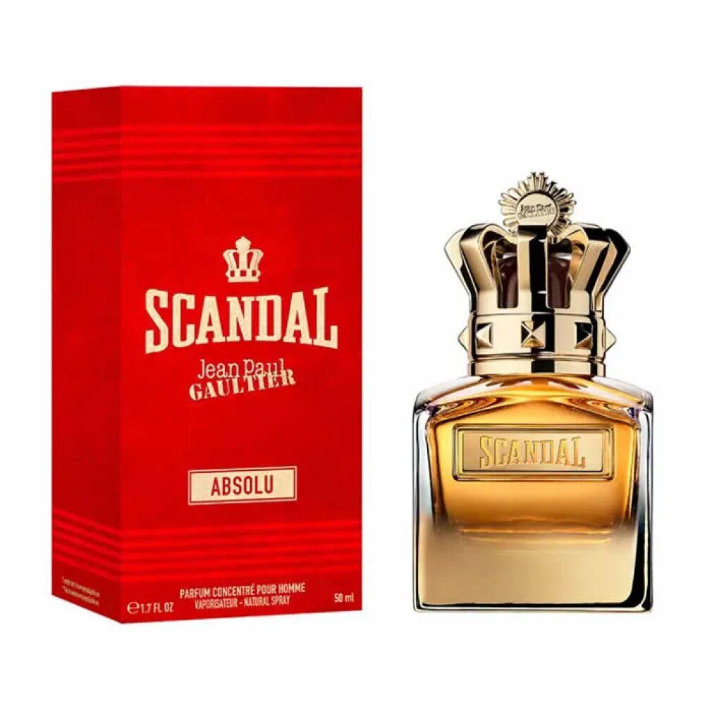 Flacon de parfum avec couronne dorée et boîte rouge. Inscription: Scandal Absolu. 50 ml.