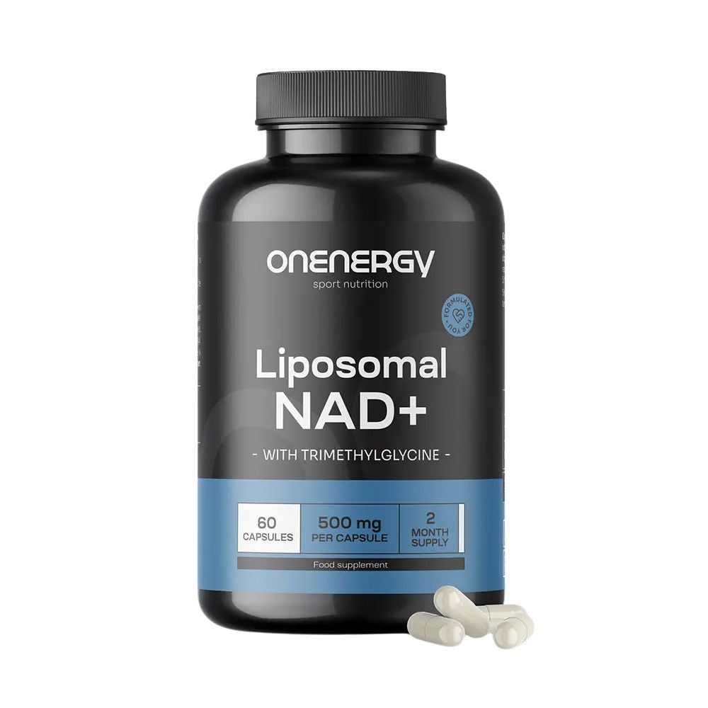 Zwarte fles met capsules. Opschrift: OnEnergy, Liposomaal NAD+, 500 mg, met trimethylglycine. 60 capsules, 2 maanden voorraad.