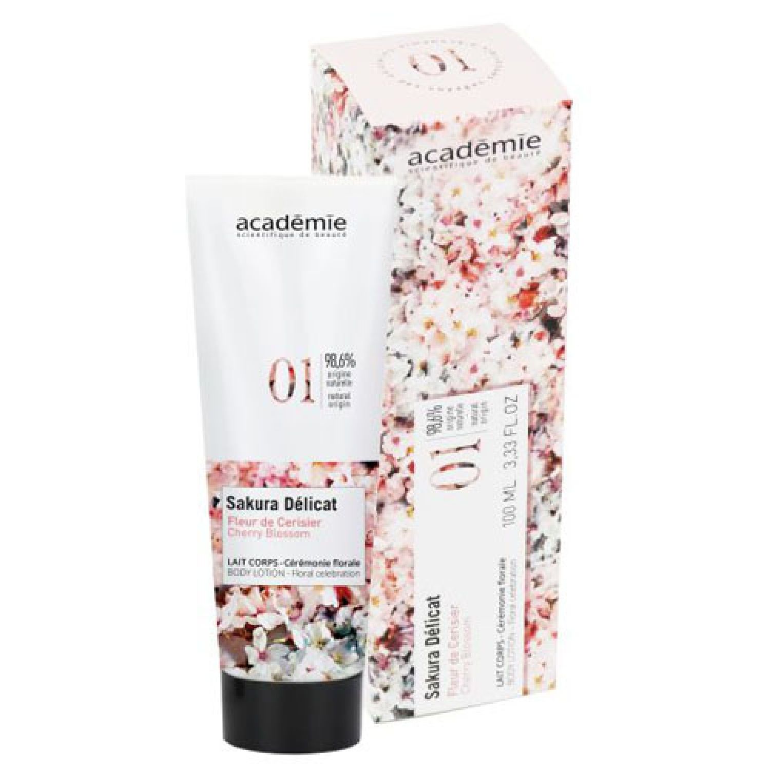 Tube et boîte blancs avec motif fleurs de cerisier. Inscription "académie" et "01" sur le tube. Nom du produit : Sakura Délicat, Fleur de Cerisier, Cherry Blossom.