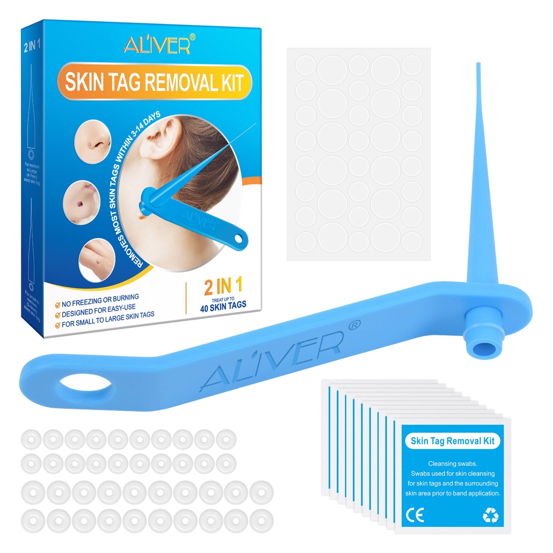 Emballage du produit avec accessoires. Contient un applicateur bleu, des bandes, des lingettes nettoyantes et des patchs. Marque : ALIVER. Kit d'élimination des étiquettes de peau 2 en 1.
