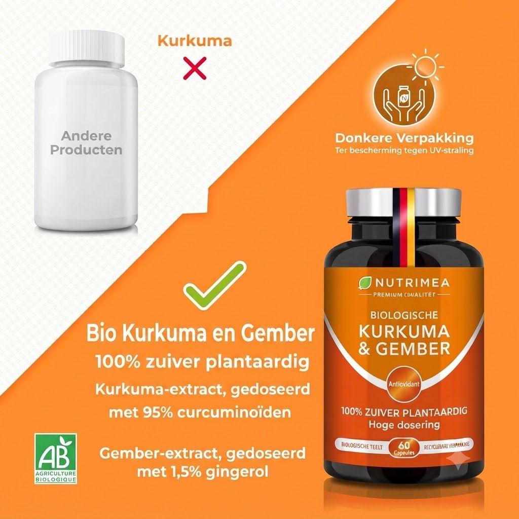 Nutrimea Biologische Kurkuma & Gember: 100% plantaardig, kurkuma-extract, gember-extract. Donkere verpakking.