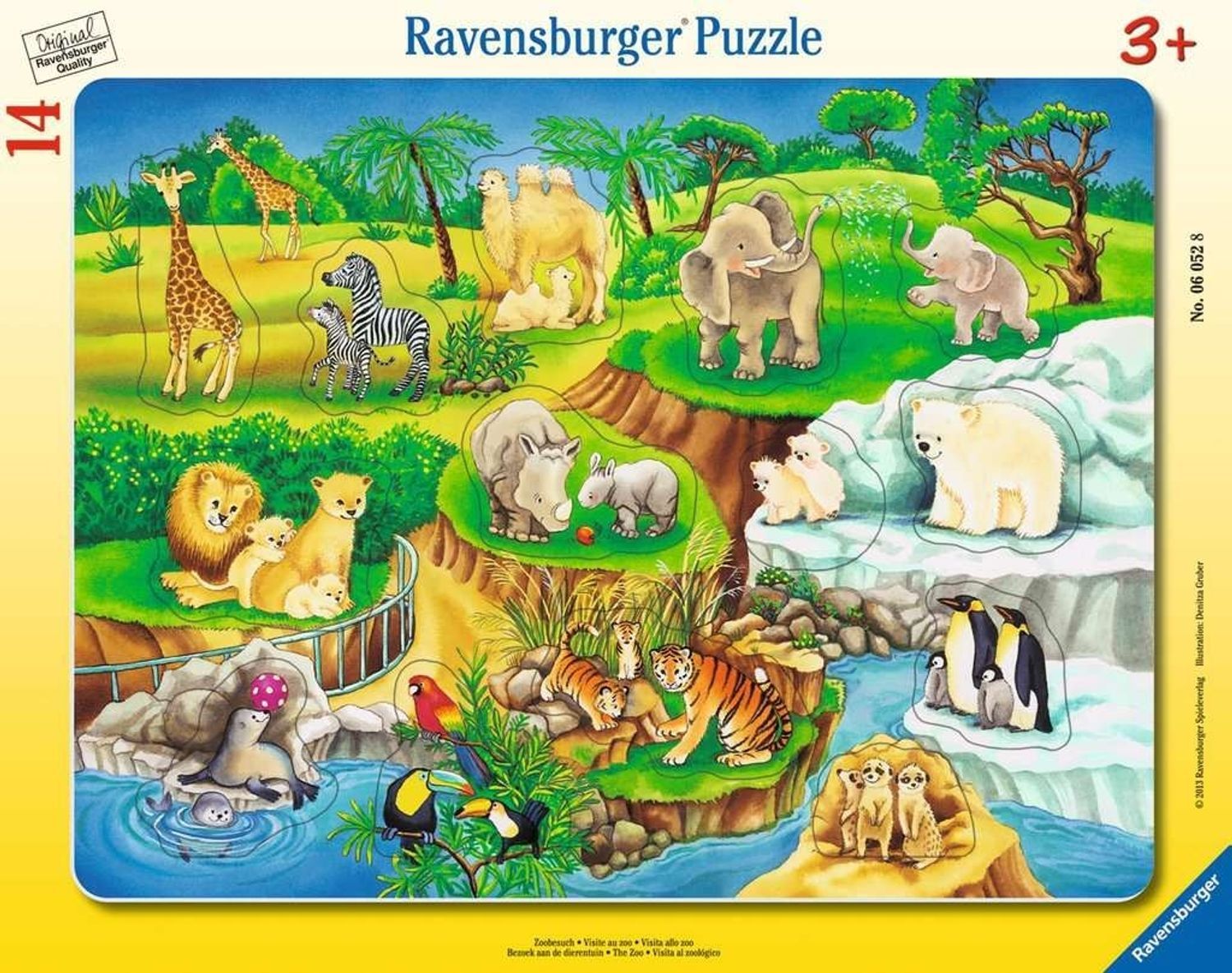 Puzzle Ravensburger avec animaux. 14 pièces. Girafe, zèbre, chameau, éléphant, lion, rhinocéros, ours polaire, pingouin, tigre.