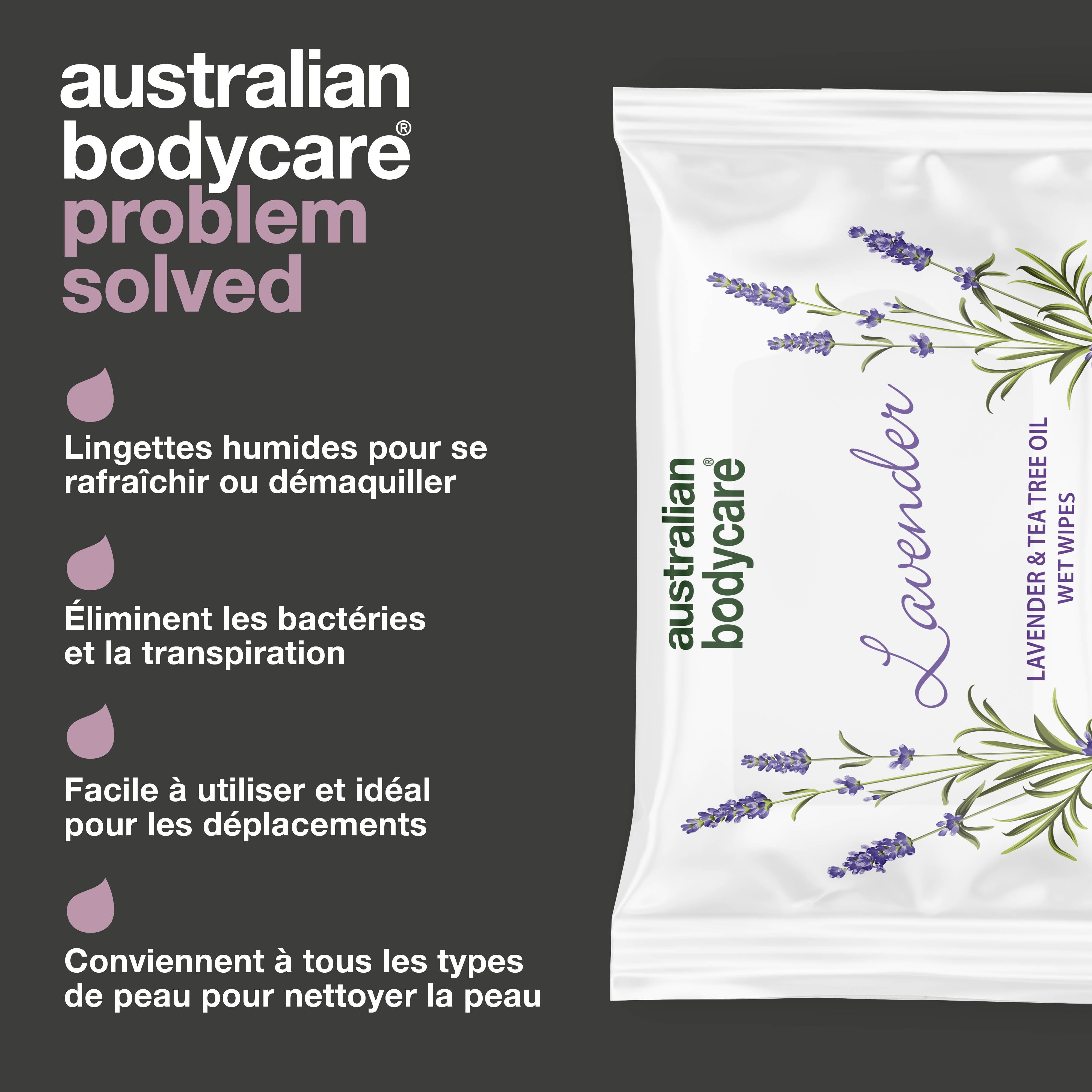 Emballage avec "australian bodycare" et "Lavender". Texte: Élimine les bactéries et la transpiration. Idéal.