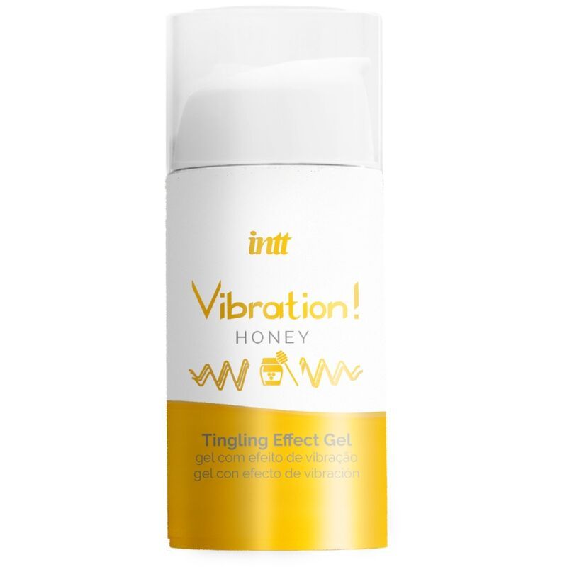 Gelfles met witte dop en gele bodem. Opschrift: Vibration! Honey, Tingling Effect Gel.