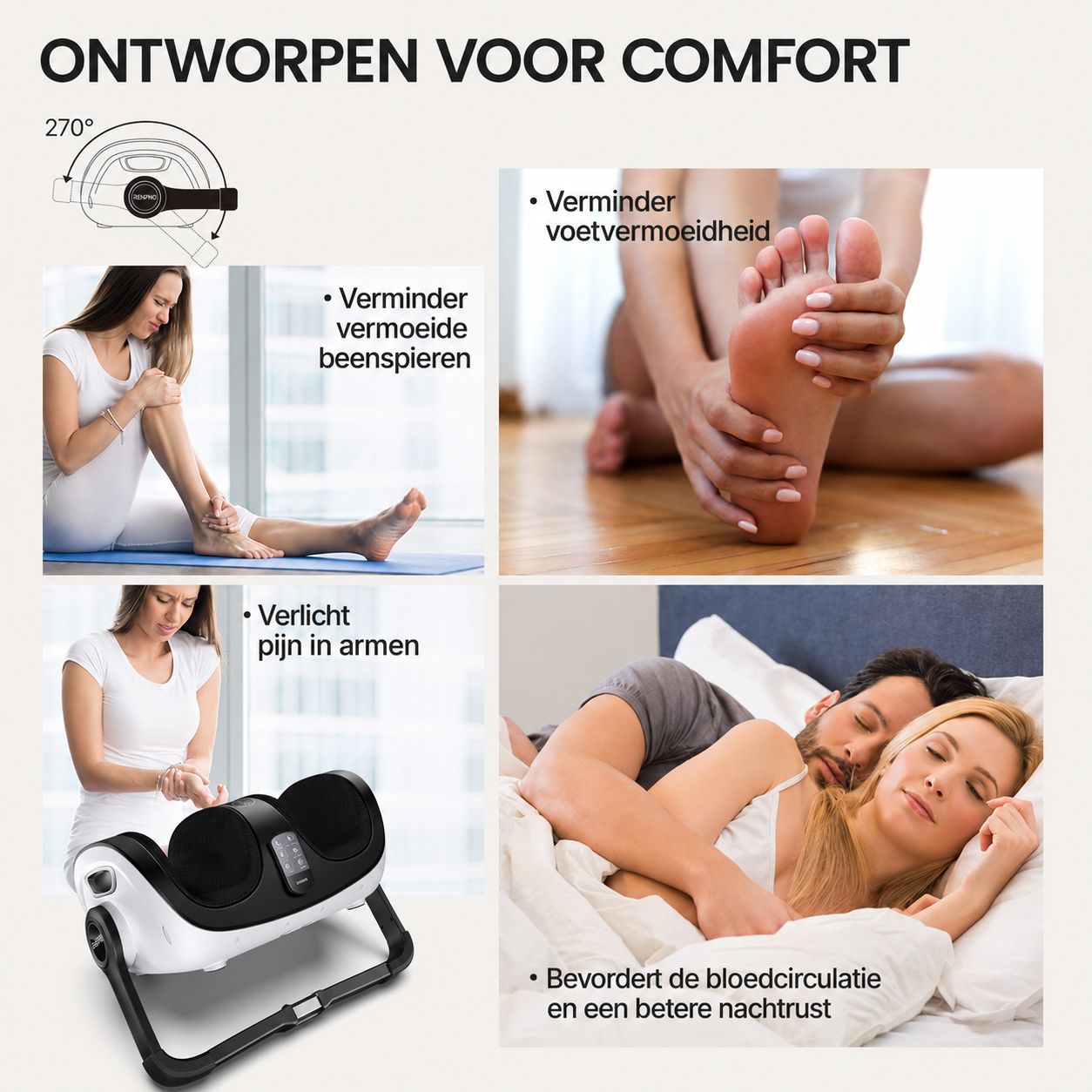 Een wit en zwart massageapparaat voor voeten en kuiten met bedieningselementen.