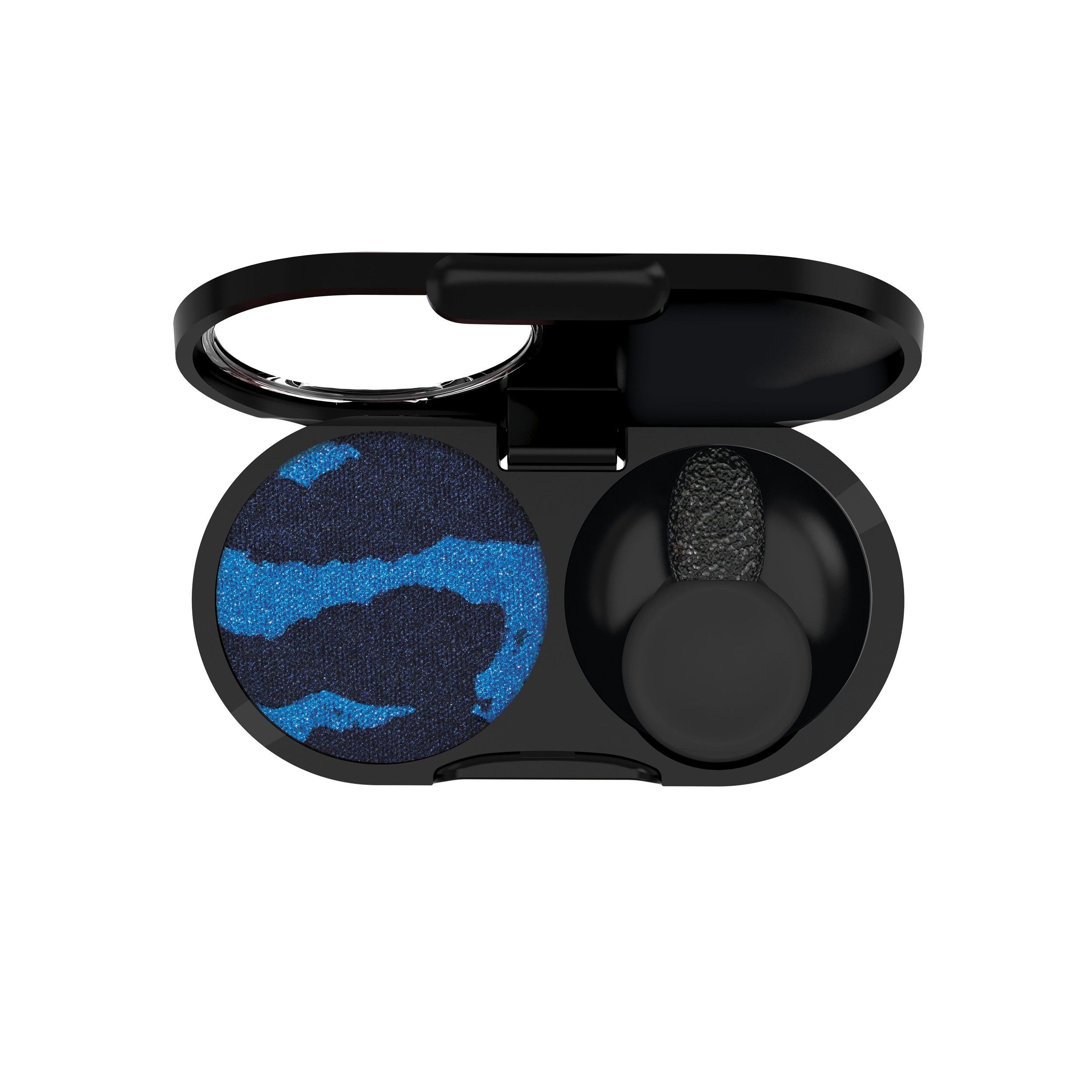 Open zwarte oogschaduwapplicator met blauw-marineblauwe oogschaduw en een sponsapplicator.
