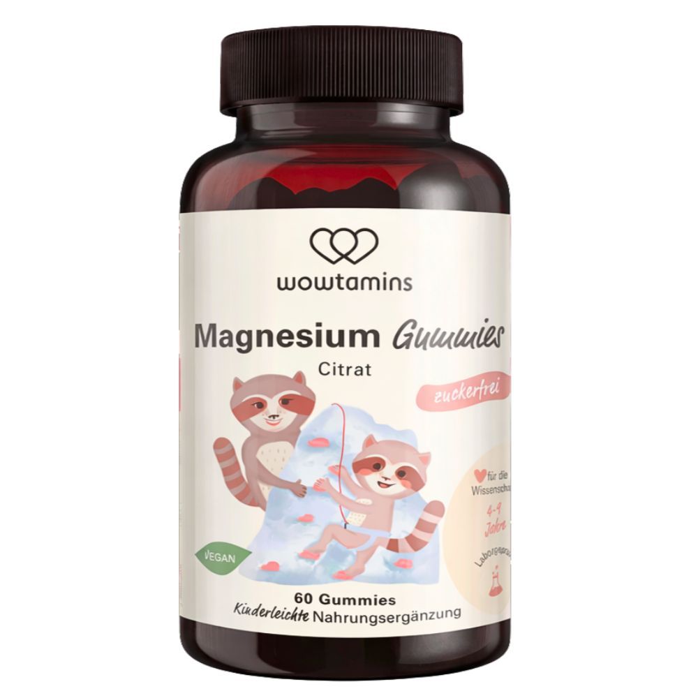 Flacon brun de WOWTAMINS Magnesium Gummies. Inscription : Citrate, sans sucre, 60 gommes. Végétalien.