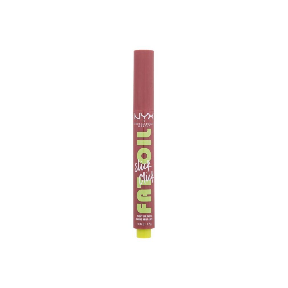 Bâton de baume à lèvres. Bâton rose avec embout vert. Inscription: FAT OIL slick click. Marque: NYX Professional Makeup.