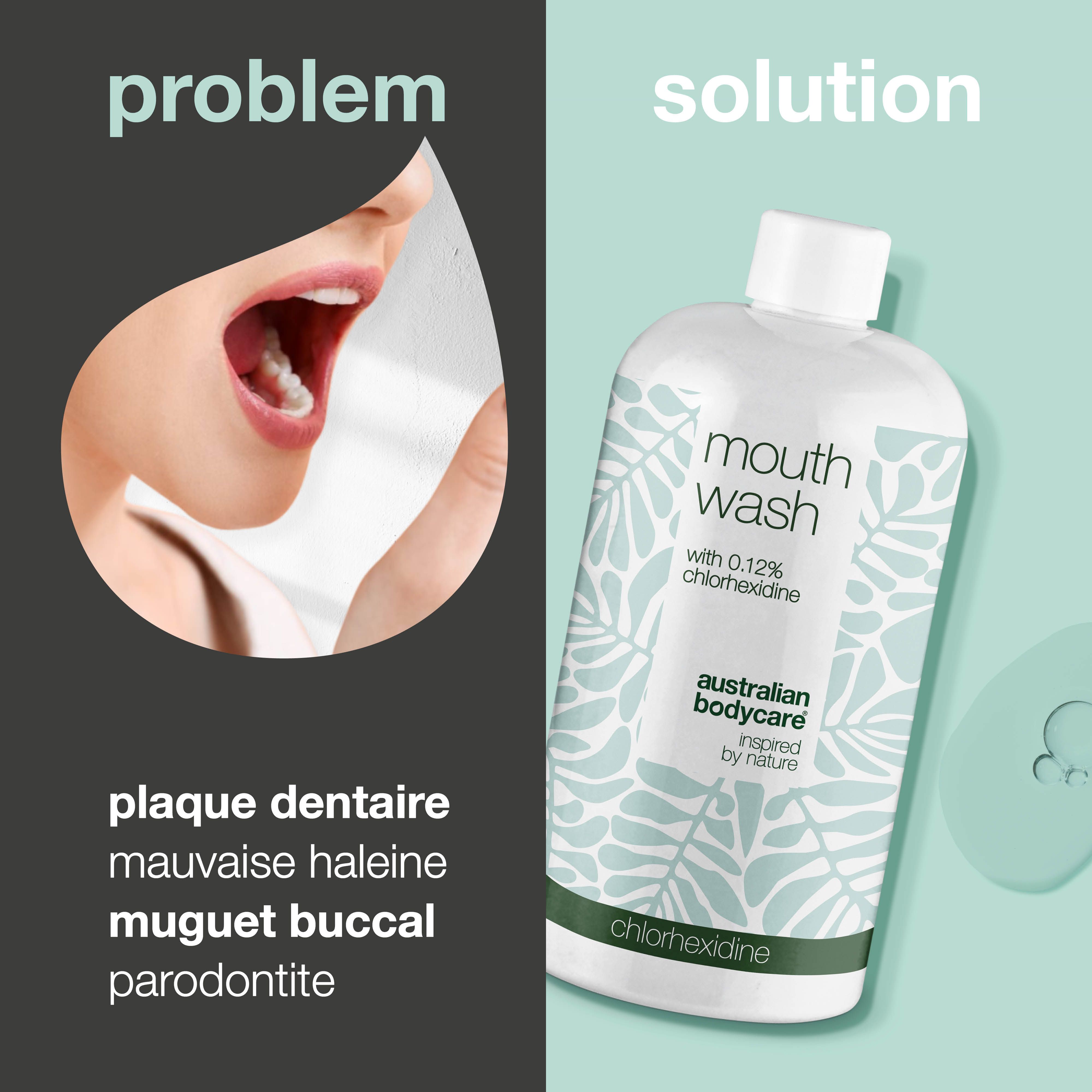 Flacon de produit à côté d'une bouche avec des problèmes. Texte : Plaque dentaire, mauvaise haleine, muguet buccal, parodontite.