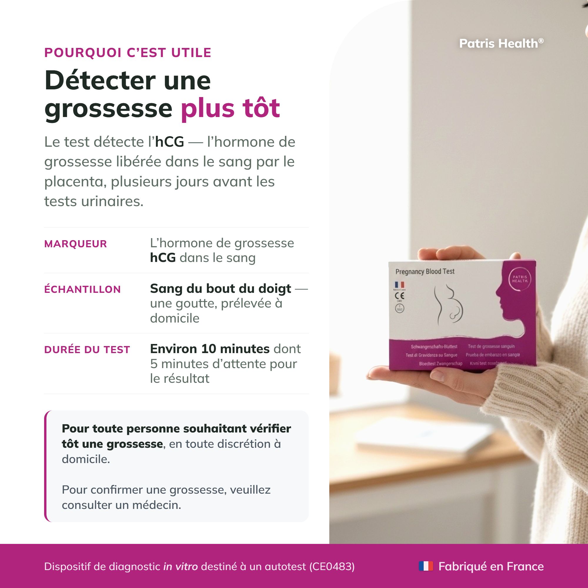Précautions : Texte et instructions pour l'utilisation du test de grossesse.