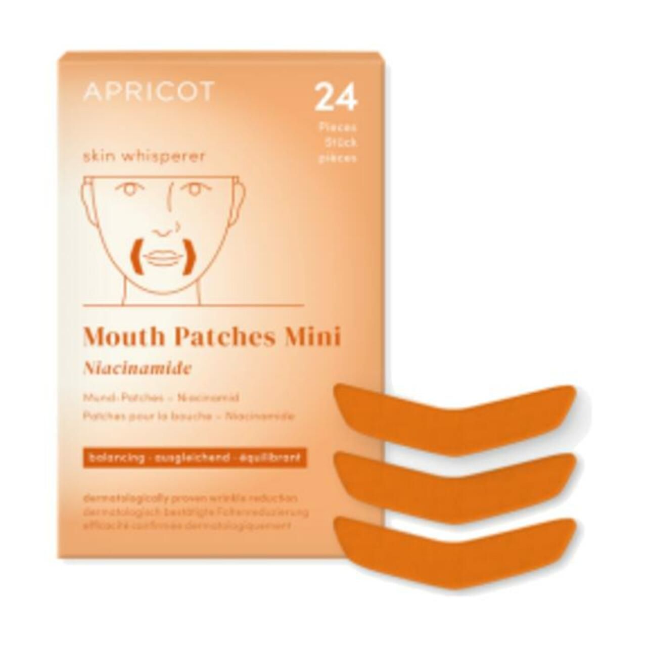 Verpakking van APRICOT Mouth Patches Mini met Niacinamide. 24 stuks. Oranje pleisters ernaast.