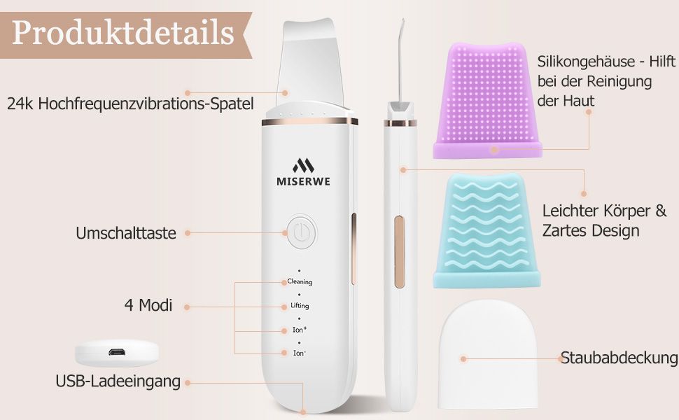Appareil de soin de la peau blanc avec spatule métallique, panneau de commande et accessoires. Marque : MISERWE. Comprend brosses, câble de charge et couvercle.