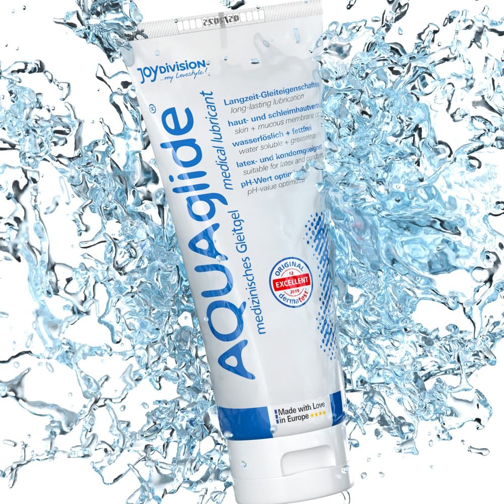 Tube de gel lubrifiant médical AQUAglige avec éclaboussures d'eau et bulles.