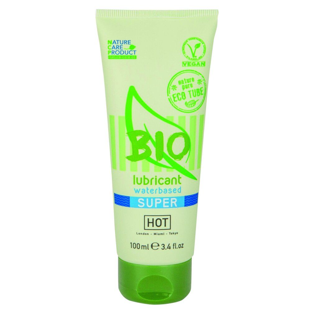 HOT Bio Super glijmiddel tube, waterbasis, met 'Eco Tube' aanduiding en Vegan-keurmerk.