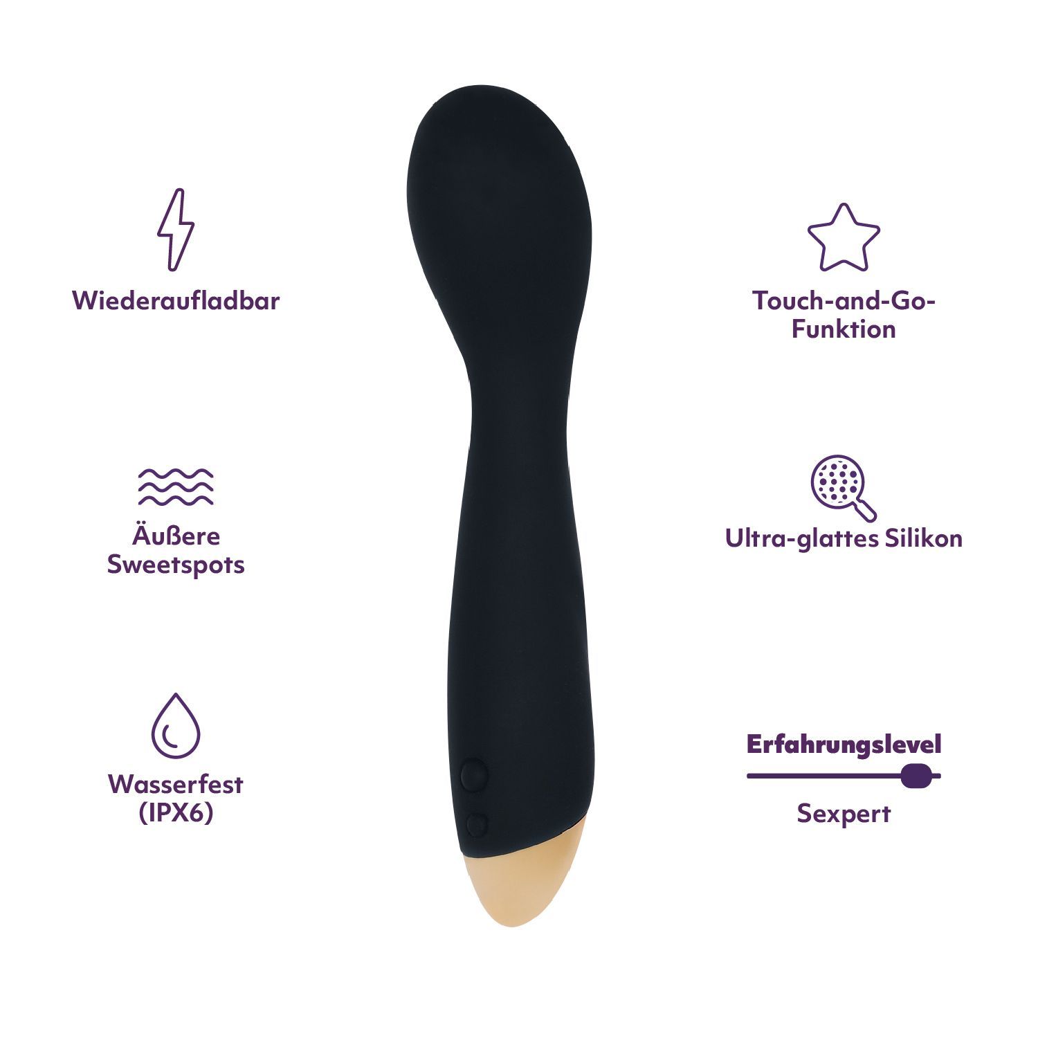 Zwarte massagestick met gouden accent. Tekst: Oplaadbaar, Externe sweetspots, Waterdicht (IPX6), Touch-and-go functie, Ultra-gladde siliconen, Ervaringsniveau: Sexpert.