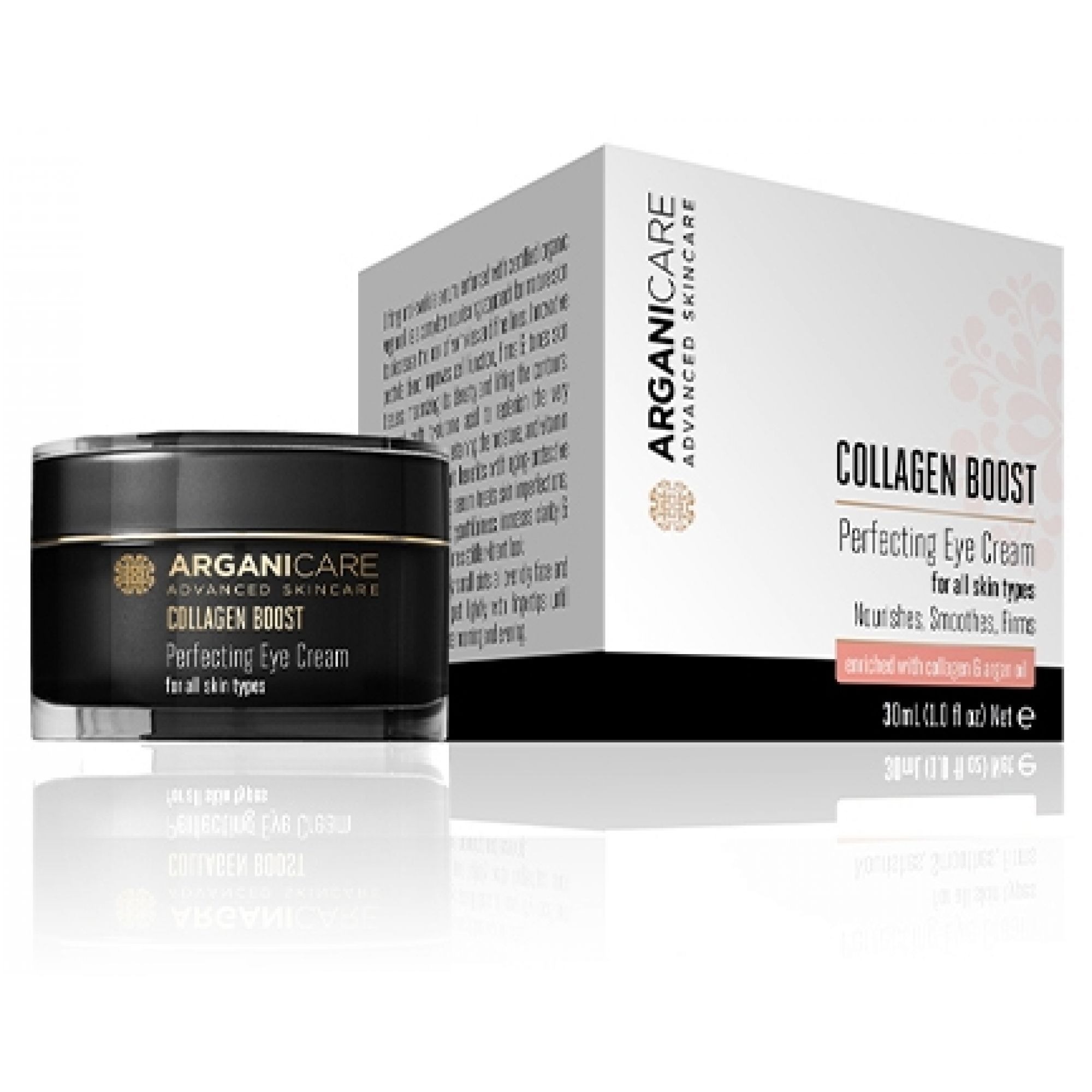 Arganicare Collagen Boost oogcrème in zwarte pot naast witte vouwdoos.