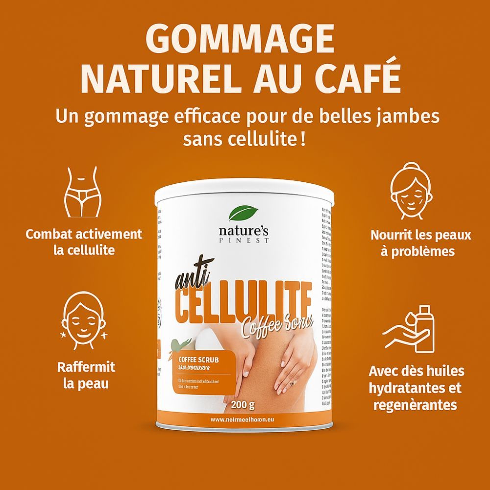 Jambes avec gommage appliqué. Pot 'Anti Cellulite Coffee Scrub' à côté.
