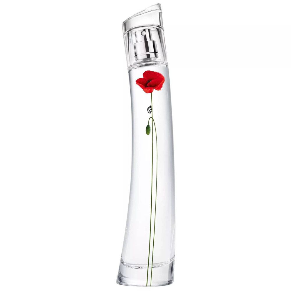 Glazen fles met rode klaproos. Opschrift: Flower by Kenzo.