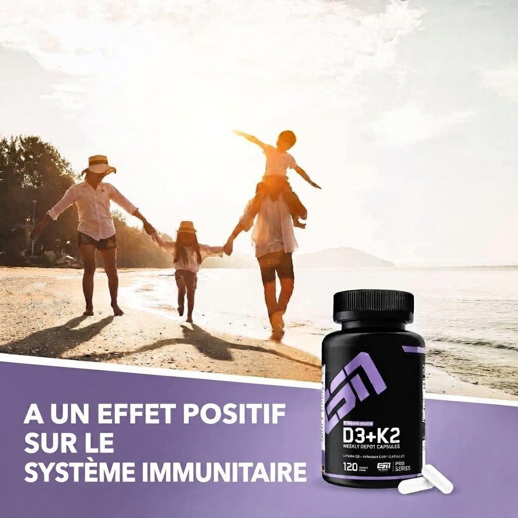 Famille sur la plage, bouteille ESN Vitamine D3+K2 au premier plan. Texte : 'Effet positif sur le système immunitaire'.